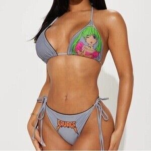 Anime Gray Savage Print Side‎ Tie 2 Piece Bikini Size SX RefN11